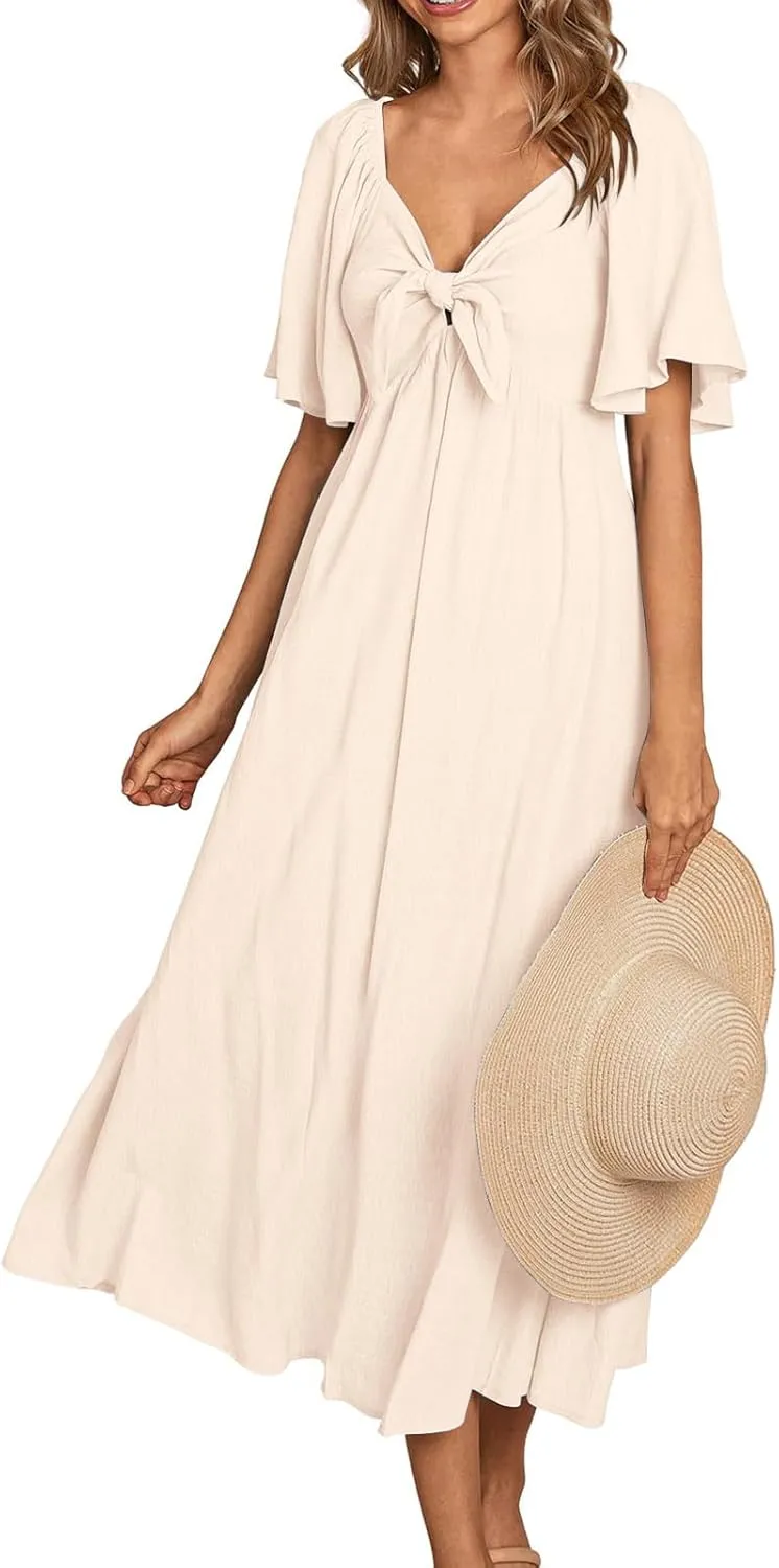 Women's Summer Long Dresses Casual Short Sleeve Flowy Swing Boho Dresses Deep V Neck Elegant Bow tie Beach Dress