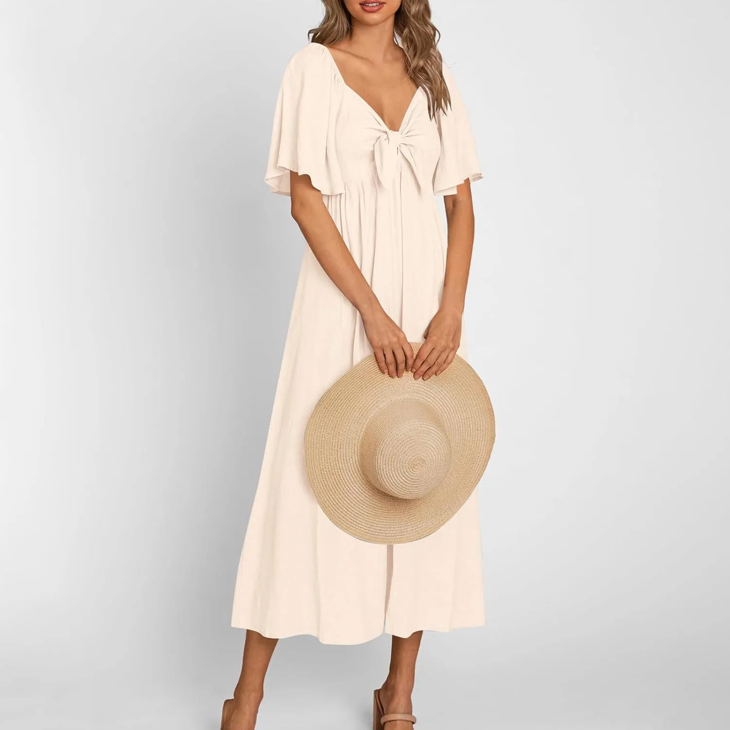 Women's Summer Long Dresses Casual Short Sleeve Flowy Swing Boho Dresses Deep V Neck Elegant Bow tie Beach Dress
