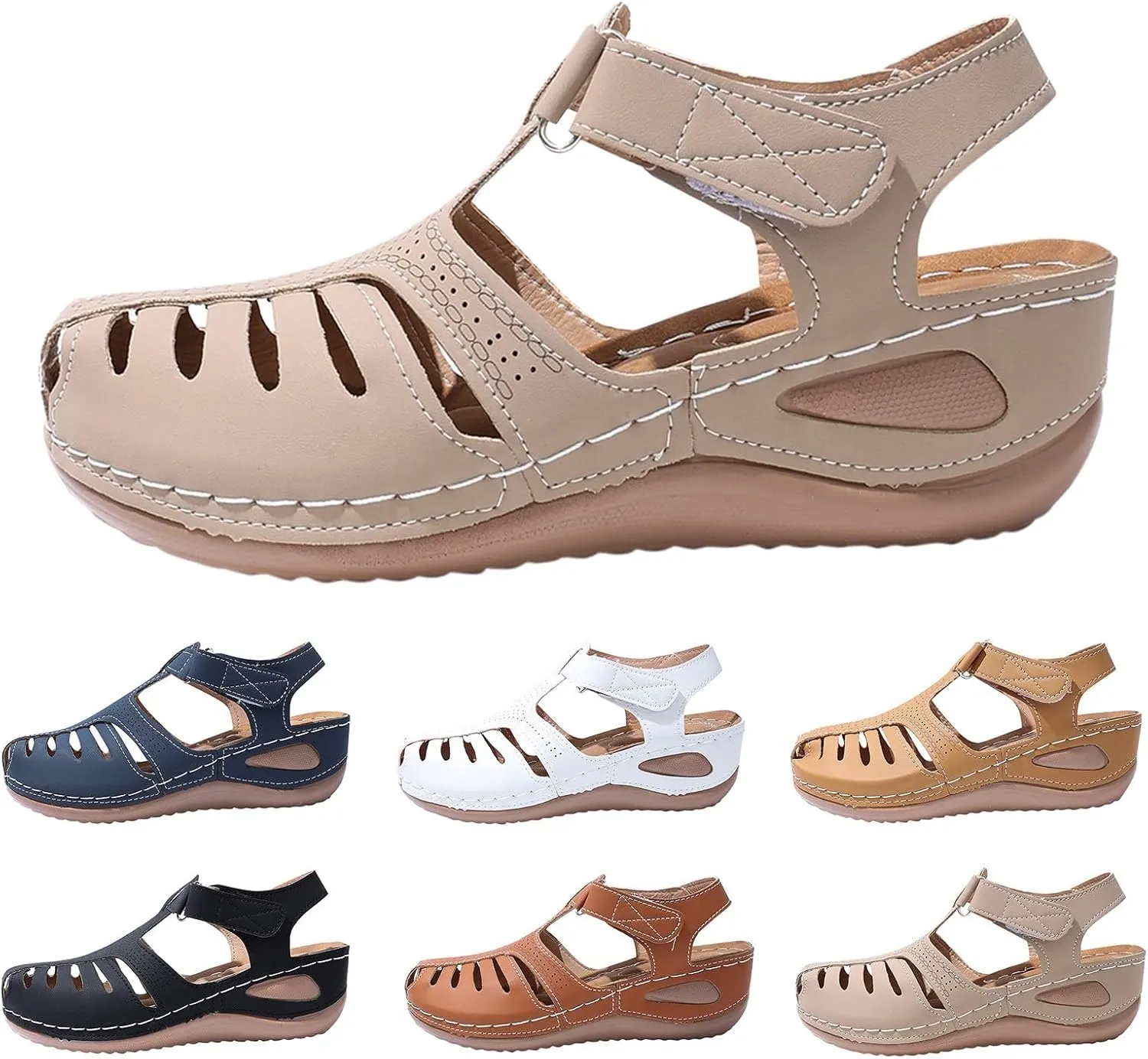 Womens Summer Sandals Casual Bohemia Gladiator Closed Toe Wedge Shoes Comfort Ankle Strap Slip On Platform Orthopedic Sandals with Arch Support