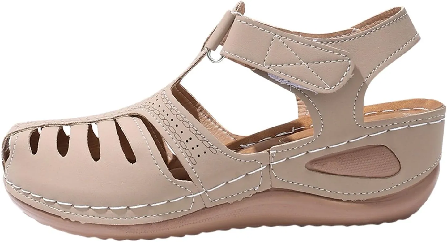 Womens Summer Sandals Casual Bohemia Gladiator Closed Toe Wedge Shoes Comfort Ankle Strap Slip On Platform Orthopedic Sandals with Arch Support