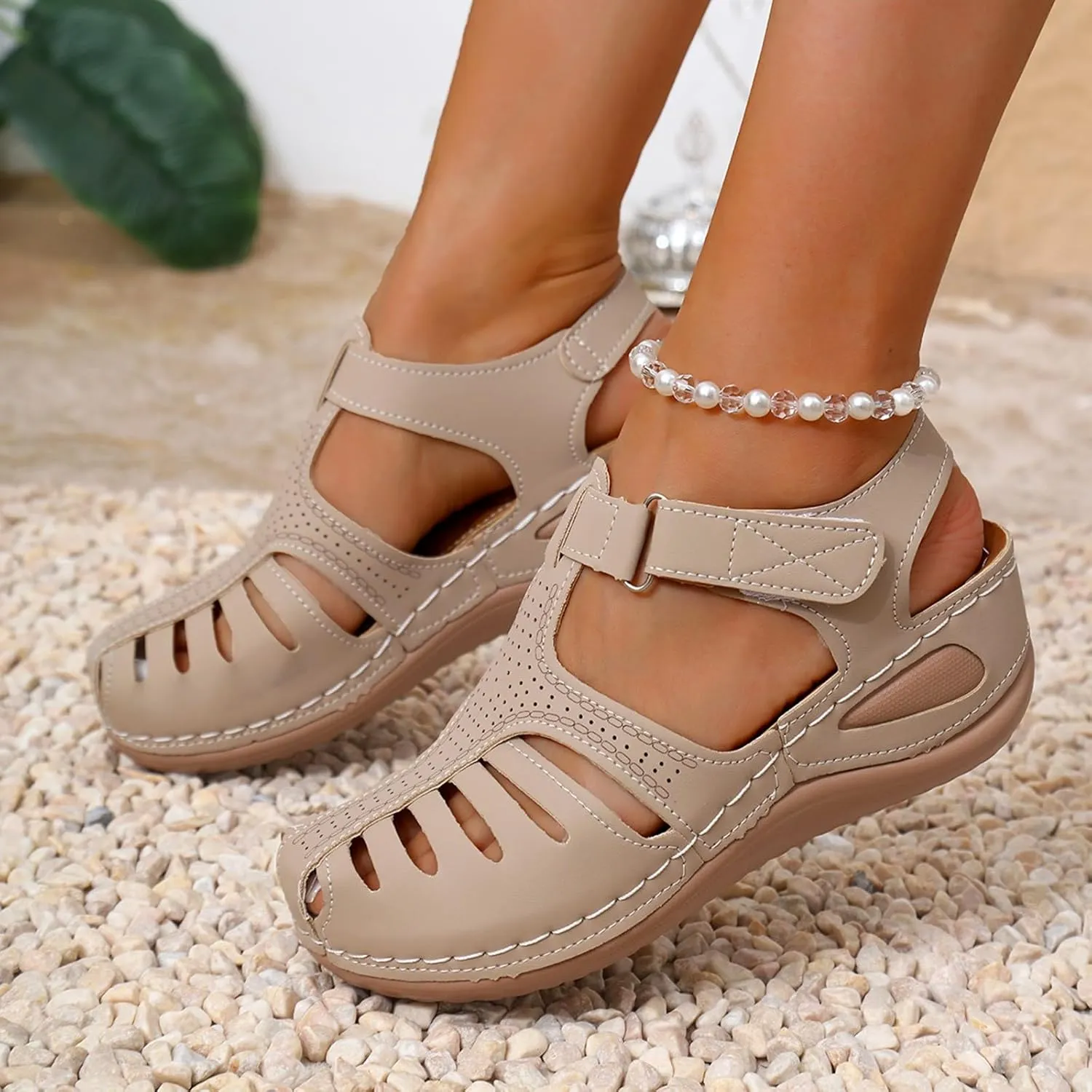 Womens Summer Sandals Casual Bohemia Gladiator Closed Toe Wedge Shoes Comfort Ankle Strap Slip On Platform Orthopedic Sandals with Arch Support