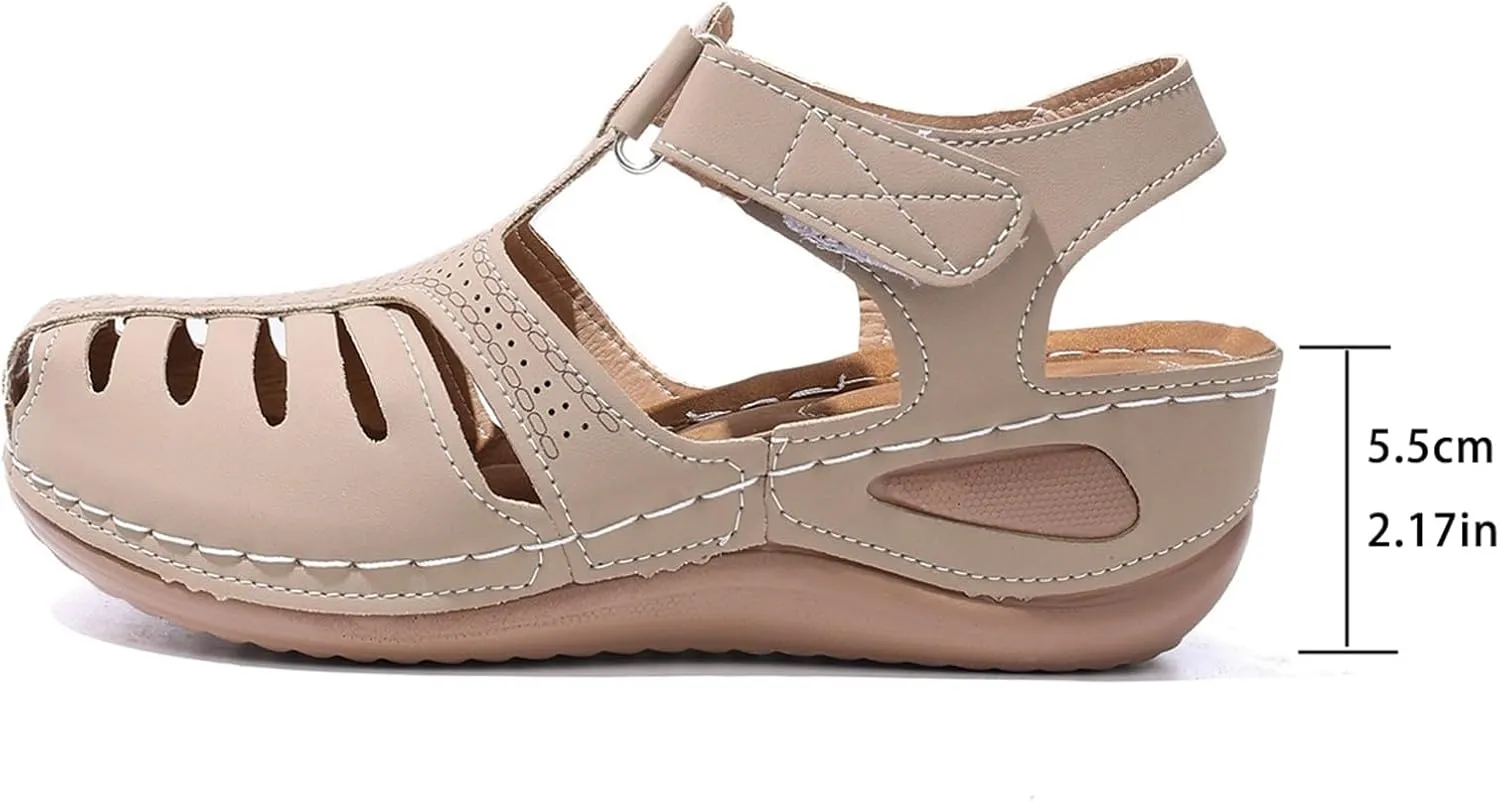 Womens Summer Sandals Casual Bohemia Gladiator Closed Toe Wedge Shoes Comfort Ankle Strap Slip On Platform Orthopedic Sandals with Arch Support