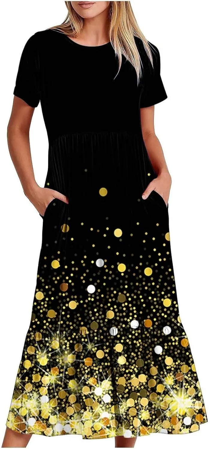 Women's Summer Short Sleeve A-Line Midi Dresses Casual Floral T-Shirt Dress Flowy Beach Sundress with Pockets