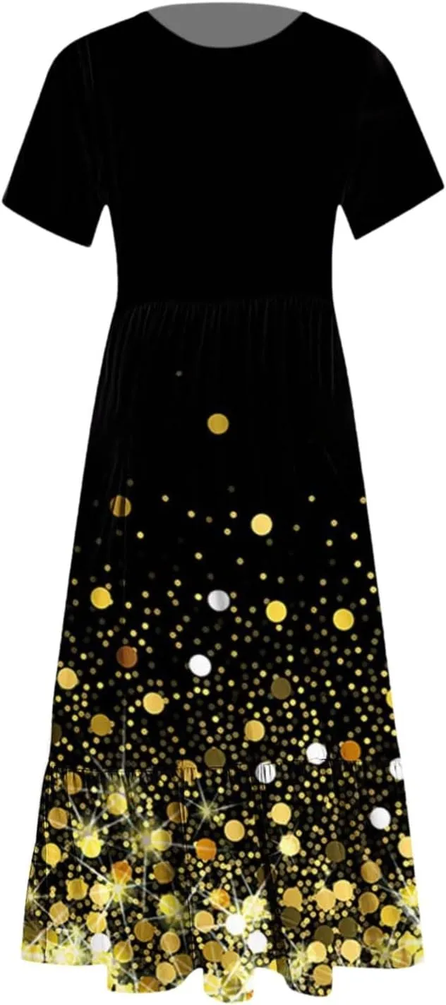 Women's Summer Short Sleeve A-Line Midi Dresses Casual Floral T-Shirt Dress Flowy Beach Sundress with Pockets