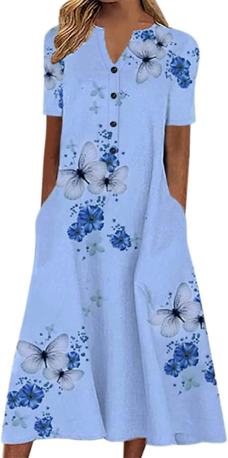Women's Summer Short Sleeve A-Line Midi Dresses Casual Floral V Neck Button T-Shirt Dress Flowy Beach Sundress for Women