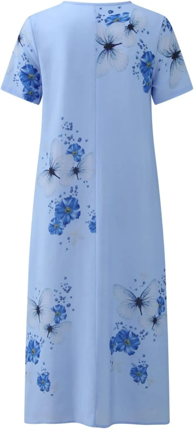 Women's Summer Short Sleeve A-Line Midi Dresses Casual Floral V Neck Button T-Shirt Dress Flowy Beach Sundress for Women