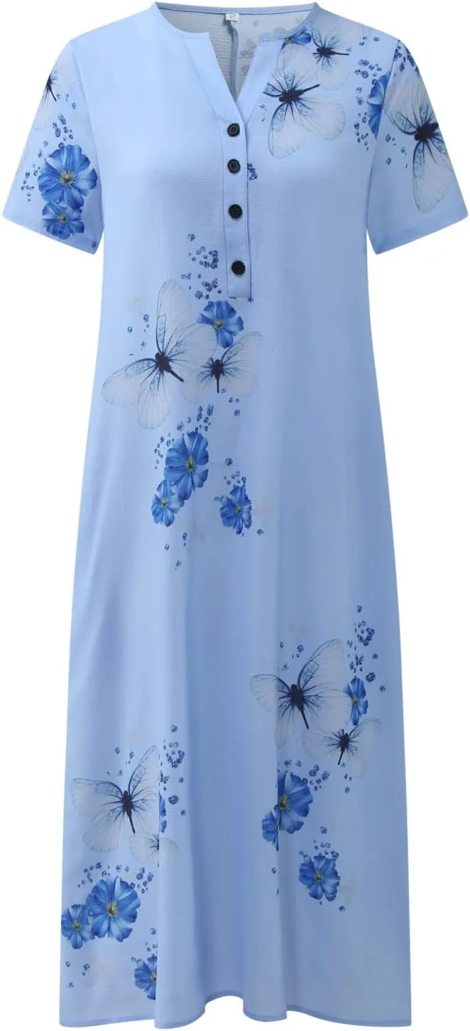 Women's Summer Short Sleeve A-Line Midi Dresses Casual Floral V Neck Button T-Shirt Dress Flowy Beach Sundress for Women