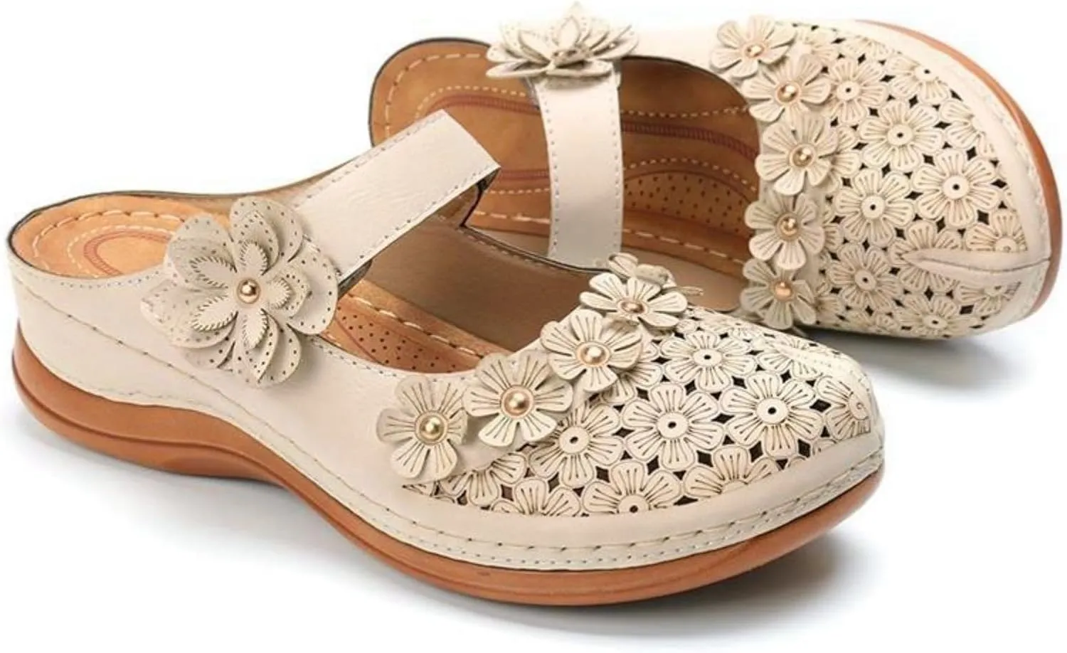 Womens Summer Slipper PU Leather Comfort Mules Outdoor Beach Shoes Vintage Antil Slip Wedge Flowers Sandals Clogs SandalsWidth Mesh Slippers Breathable Walking Sneakers Slip-On Back Mule