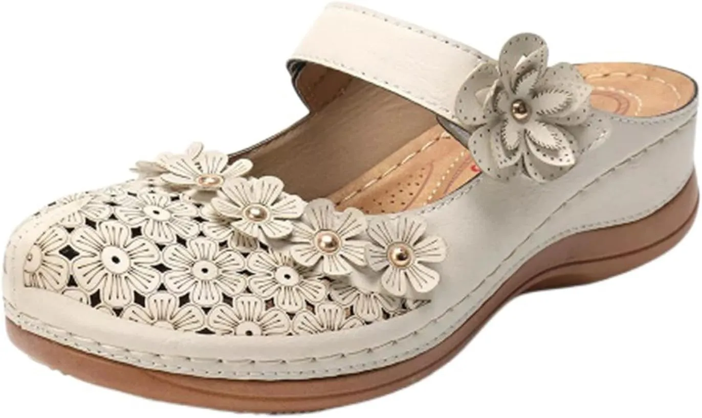 Womens Summer Slipper PU Leather Comfort Mules Outdoor Beach Shoes Vintage Antil Slip Wedge Flowers Sandals Clogs SandalsWidth Mesh Slippers Breathable Walking Sneakers Slip-On Back Mule