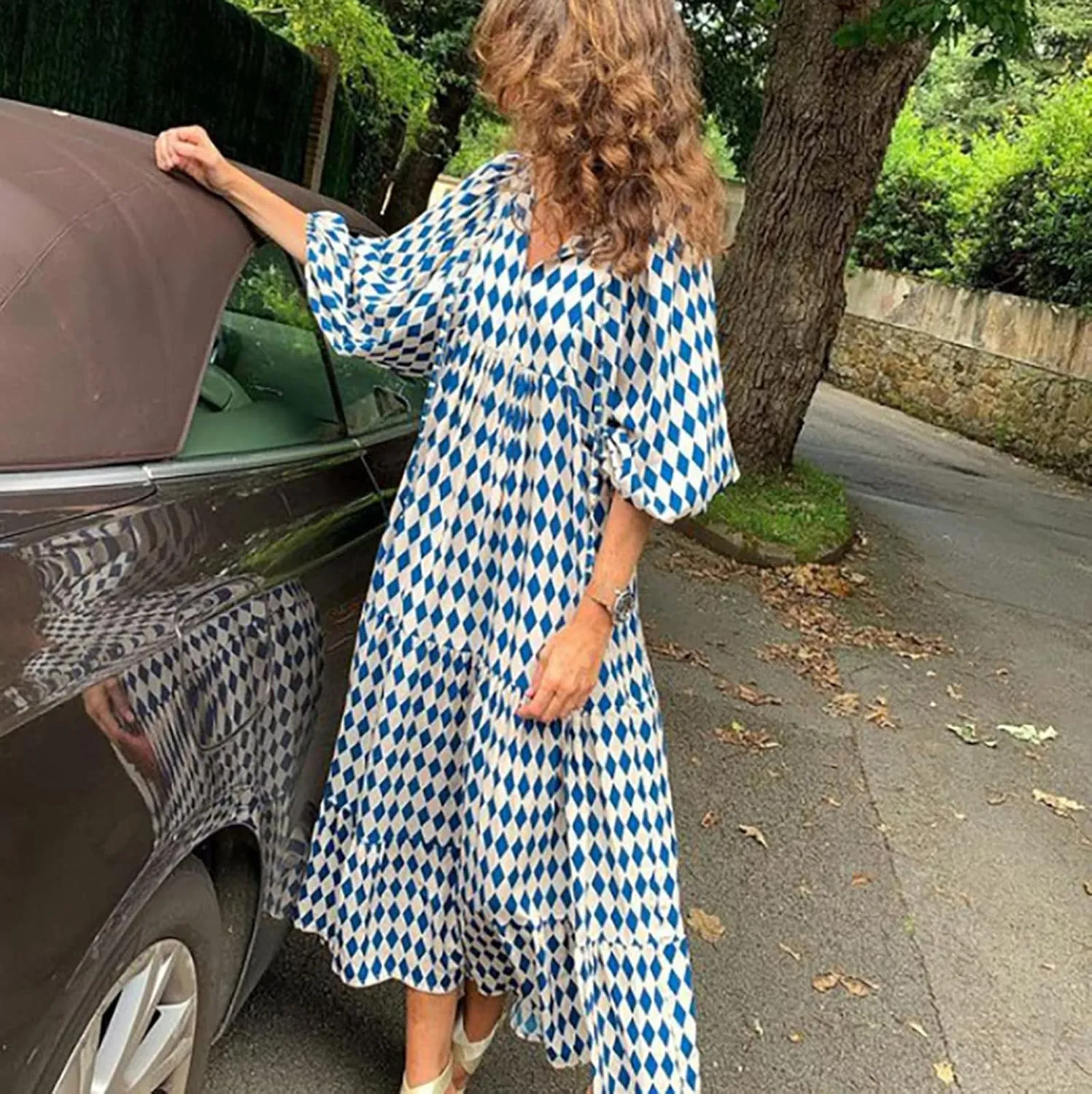 Womens Sundress Long Puff Sleeve V Neck Floral Beach Cover Ups Travel Vacation 2025 Summer Travel Vacation Outfits