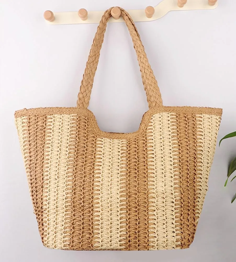 Women's Tassel Straw Beach Tote Bag - Large Summer Woven Zipper Bags with Pom