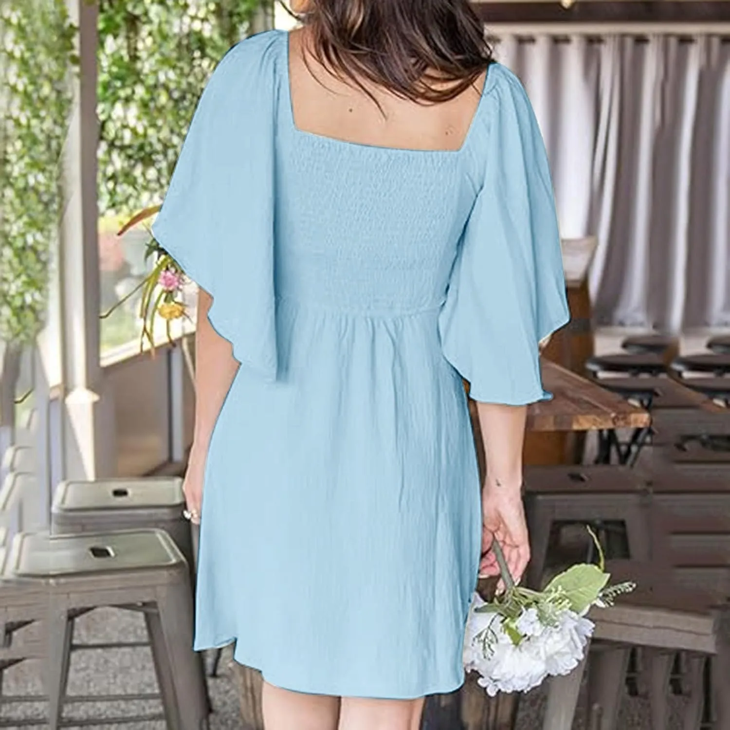 Women's Wrap V Neck Short Flared Sleeve Wedding Guest Dress Smocked Elastic Waist Tiered Belted Ruffle Hem Mini Dress