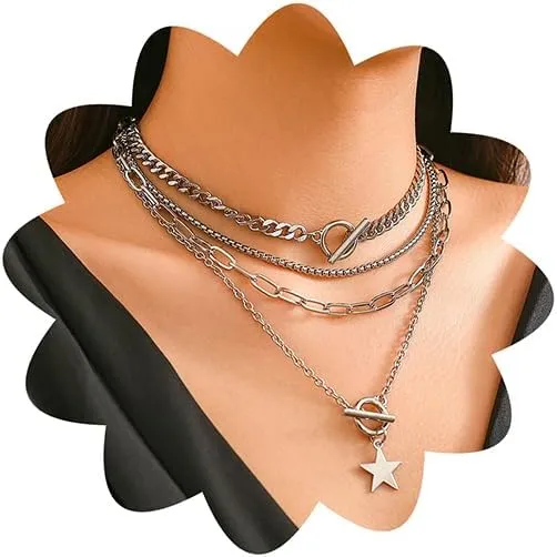 Xerling Boho Multiple Tiers Layered Necklaces Toggle Star Pendant Chains Choker Paperclip Link Chains Necklace for Women Girls