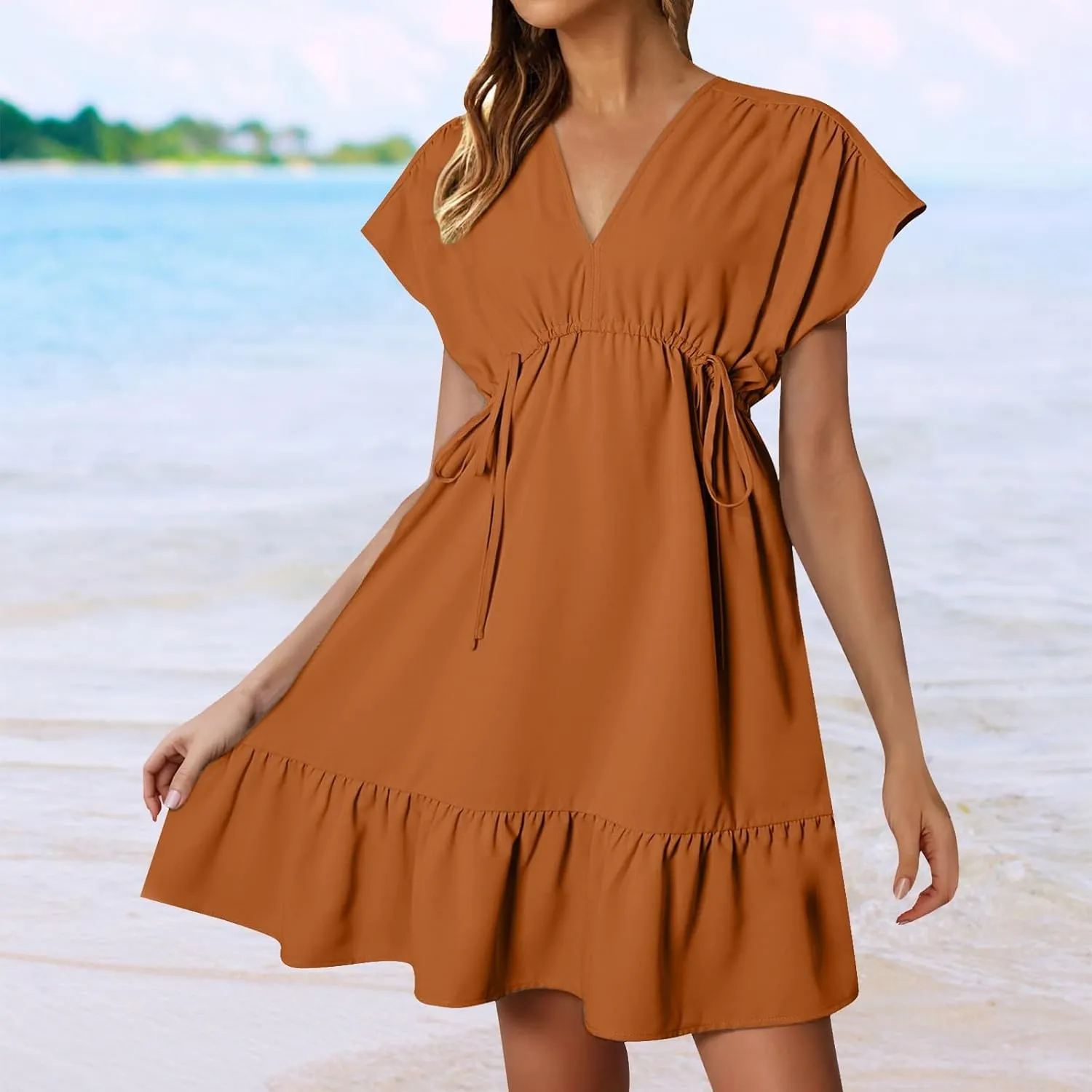 XOWRTE Womens Summer Dresses Short Sleeve V Neck Empire Waist Drawstring Casual Ruffle A-Line Swing Mini Babydoll Dress