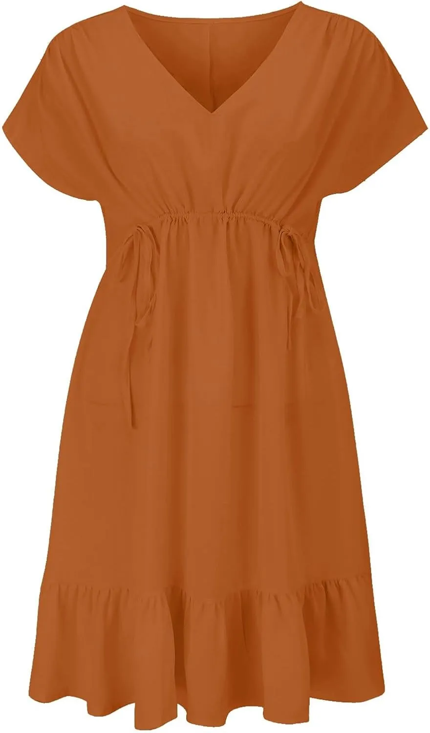 XOWRTE Womens Summer Dresses Short Sleeve V Neck Empire Waist Drawstring Casual Ruffle A-Line Swing Mini Babydoll Dress