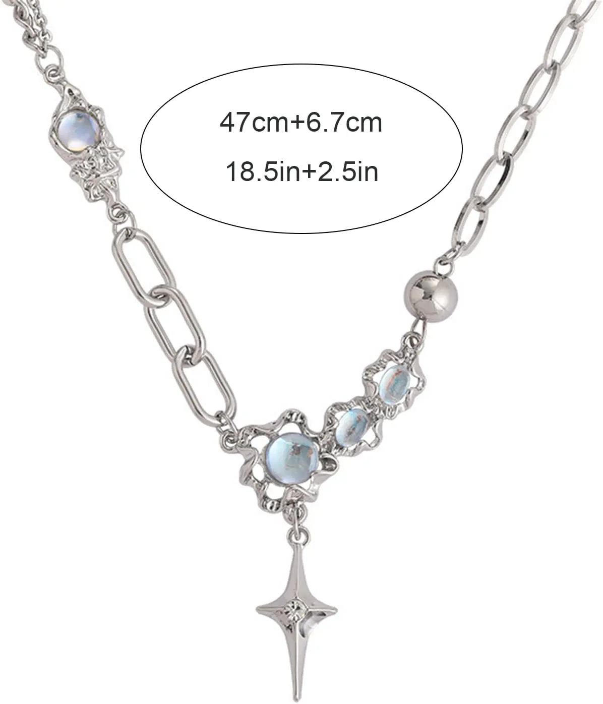 Y2k Star Necklace for Women Chunky Silver Moonstone Safety Pin Pendant Necklace Layered Gemstone Silver Star Choker Neckalce Coquette Aesthetic Healing Crystal Y Necklace Statement Grunge Punk Jewelry