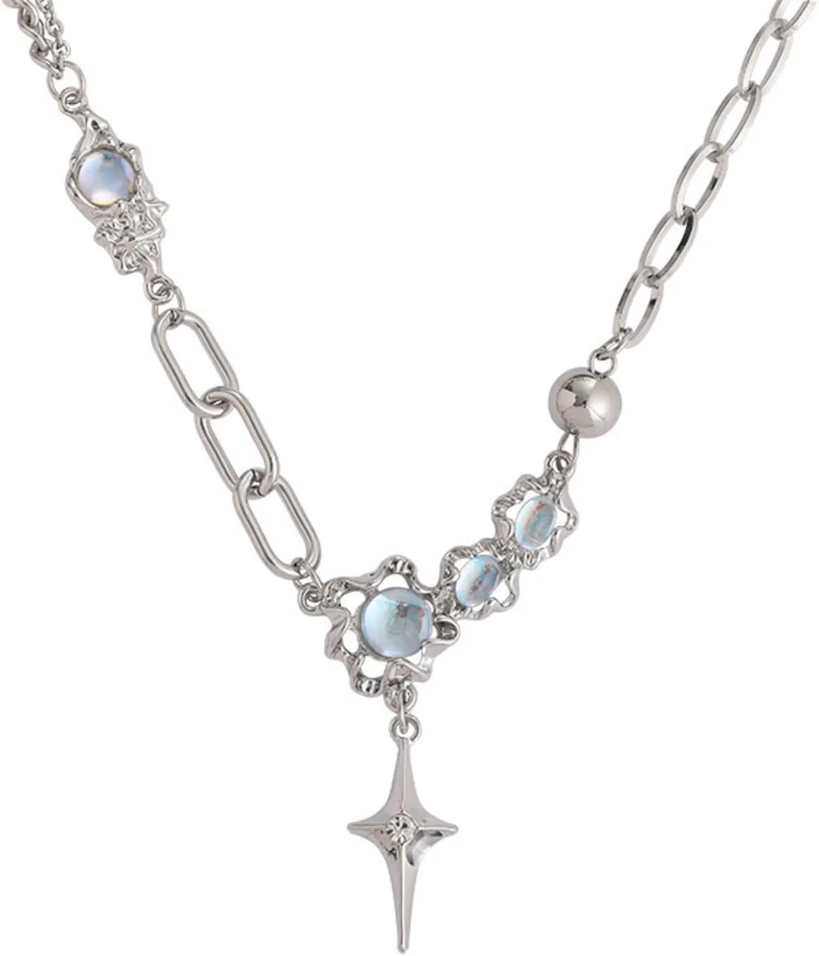 Y2k Star Necklace for Women Chunky Silver Moonstone Safety Pin Pendant Necklace Layered Gemstone Silver Star Choker Neckalce Coquette Aesthetic Healing Crystal Y Necklace Statement Grunge Punk Jewelry