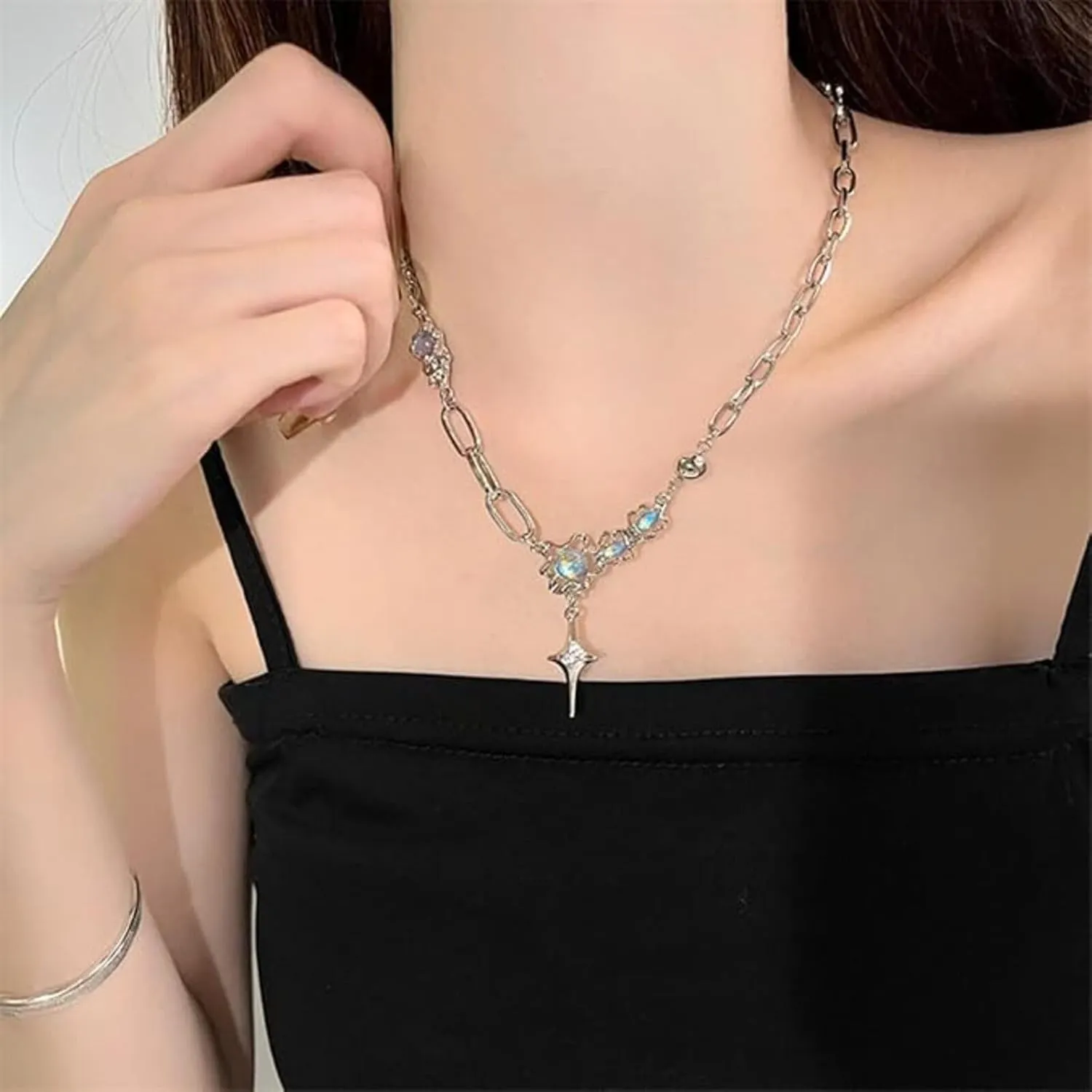 Y2k Star Necklace for Women Chunky Silver Moonstone Safety Pin Pendant Necklace Layered Gemstone Silver Star Choker Neckalce Coquette Aesthetic Healing Crystal Y Necklace Statement Grunge Punk Jewelry