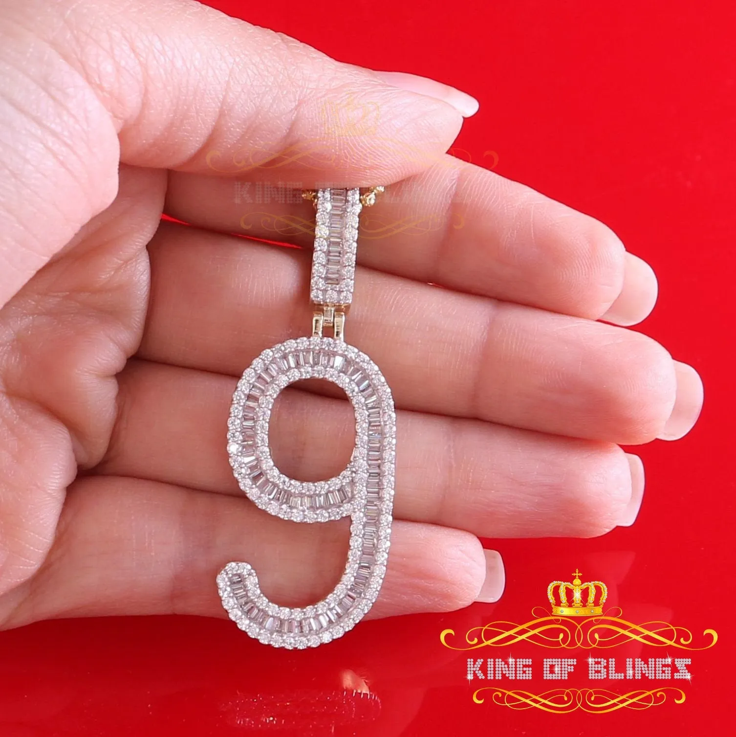 Yellow 925 Silver Baguette Numeric Number '9' Pendant 4.86ct Cubic Zirconia