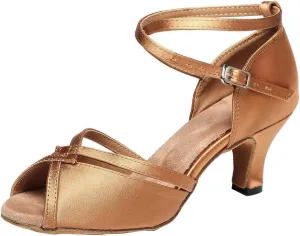 YKXLM Latin Ballroom Dance Shoes for Women Practice Dance Heels Performance Party Dance Shoes Peep-Toe, Black-6 Heel-7.5 US